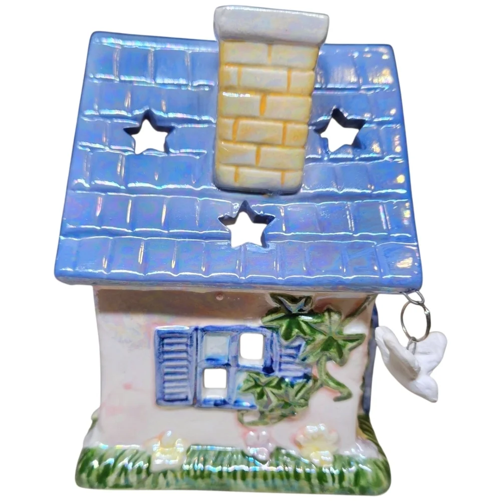 VTG Cottagecore Ceramic Candle Holder Treasured Times Hanging Basket & Bird READ